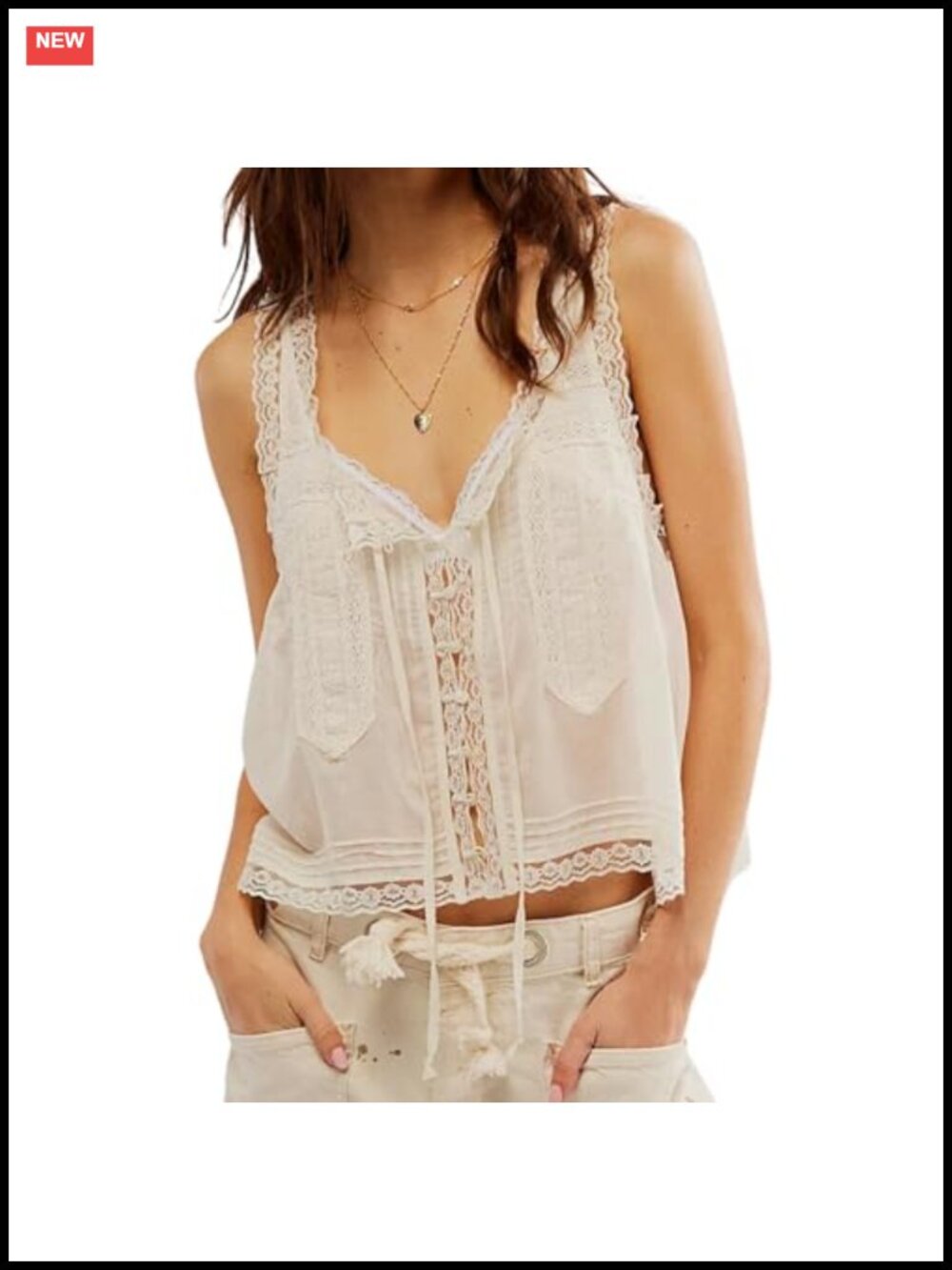 Sleeveless Lace Trim Chiffon Crop Top Scoop Neck Button Down Front Tie Mesh Tank